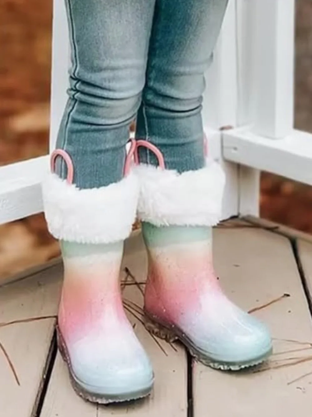 Light-Up Pastel Rainbow Rain Boots with Faux Fur Lining